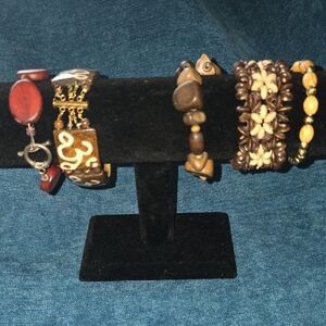 Set Of boho Natural Wood and Seed Bead Bracelet Set - Brown